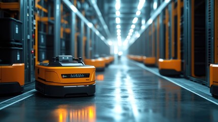 Automated Guided Vehicles in Modern Warehouse: Orange AGVs navigating a sleek, futuristic facility.