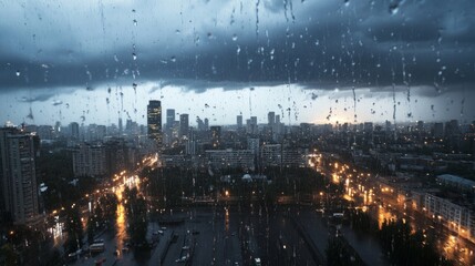cityscape under a stormy sky with raindrops on window