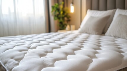 Comfortable plush mattress on a modern bed with soft pillows and ambient room lighting