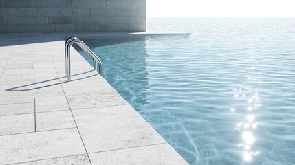 Obraz premium a pool with clear water with sunlight reflection, tiled deck, and a grab rail.