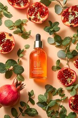 Serum bottle surrounded by fruits and green leaves on a backdrop