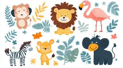 Cute jungle animal pattern featuring hand-drawn illustrations of a lion, zebra, monkey, flamingo, elephant, and tropical leaves in a playful and colorful watercolor style