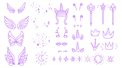 Big set of doodle vector magic elements, fair wings, princess wands, hand drawn line girlish objects collection 