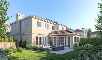 Suburban home backyard patio, sunny day,  residential design