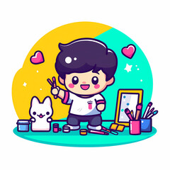 cute kawaii style artist painting with cat and colorful supplies