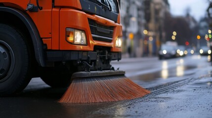 Street cleaning truck sweeping wet city road on cloudy day