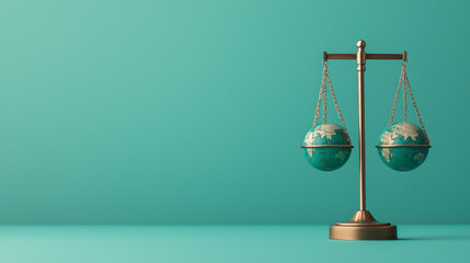 balance scale with globes symbolizes global trade balance on teal background