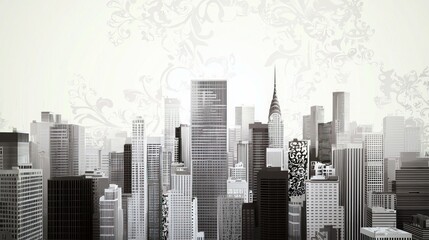 A monochromatic city skyline showcasing tall buildings and intricate designs in the background