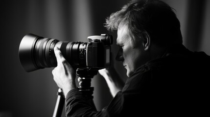 Focused mature male photographer with camera and lens in monochrome