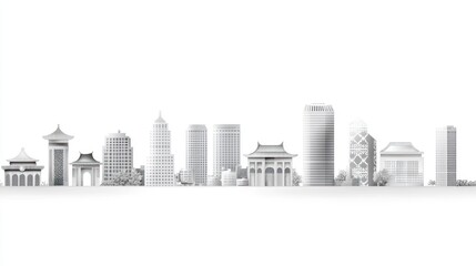 Naklejka premium A panoramic view of a modern city skyline blending traditional architecture with contemporary buildings