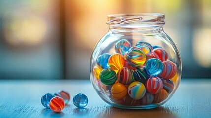 Jar of Vibrant Marbles: A collection of colorful glass marbles, showcasing an array of hues and patterns, fills a clear jar, spilling onto a wooden surface in a display of playful nostalgia.