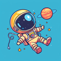 Naklejka premium Cute astronaut floating in space with colorful planet and stars