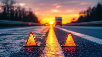 Highway safety at sunset with warning triangles and trucks