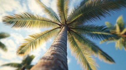 Fototapeta premium Tropical Coconut Palm Tree Low Angle View for Tourist Brochures and Travel Websites