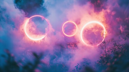 Fototapeta premium Celestial Rings in the Clouds: An ethereal scene unfolds, where glowing, ring-shaped lights pierce through a dreamy canvas of clouds, the image evokes a sense of wonder.