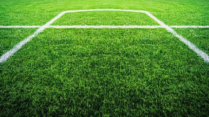 Close-up of lush green soccer field with white line markings