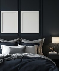 Empty frames on dark bedroom wall, modern style, inviting bed