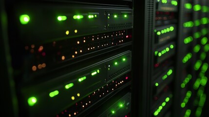 Glowing green lights on computer servers in a data center showing network activity