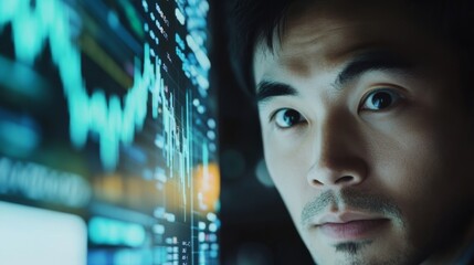 Young adult male analyzing financial data on digital screen with graphs