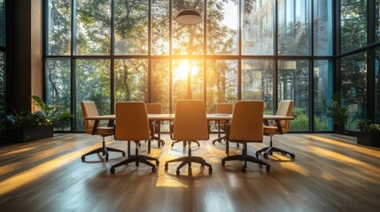 Fototapeta premium Sunlit modern conference room with large windows and office chairs