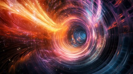 A Celestial Voyage: An artistic visualization of a wormhole or a journey through the fabric of space and time, featuring dynamic swirls of vibrant colors and ethereal light.
