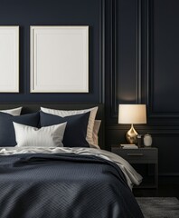 Dark Bedroom Interior with Blank Art Prints