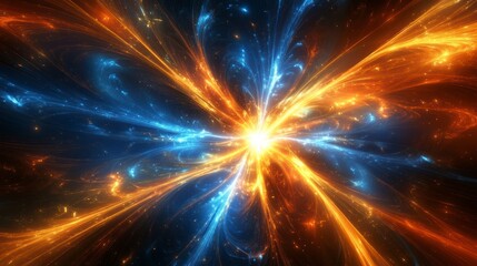 Fototapeta premium Celestial Explosion: Captivating visual representation of an cosmic explosion featuring a bright center bursting outward with vibrant orange and blue energy.