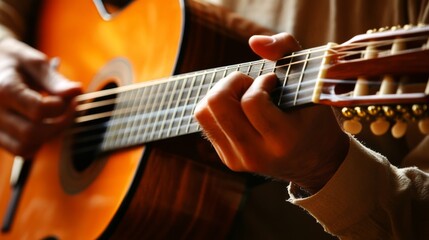 Fototapeta premium Male adult playing acoustic guitar close-up with warm lighting and focused hand details