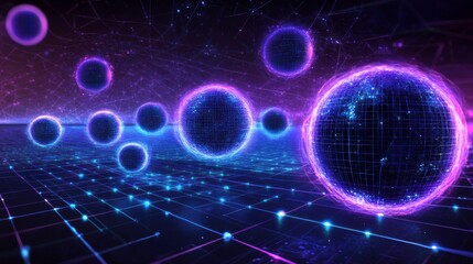 Obraz premium Digital Universe: Glowing orbs of data float across a futuristic digital landscape, evoking a sense of technological advancement and the interconnectedness of modern life.