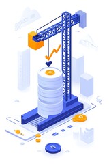 A futuristic conveyer belt where robotic arms imprint upward arrows on blank coin disks, systematically creating new gains. The cartoon lines pop on the white canvas, and minimal shading ensures 