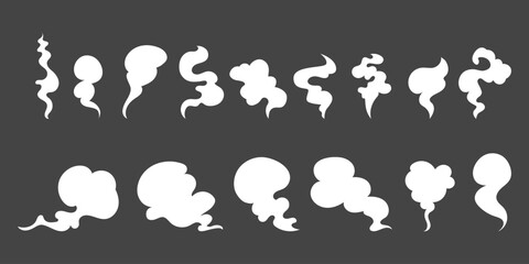 Comic smoke, fume flows, dust wind silhouettes set. Cofee, tea, soup steaming collection. Hand drawn vector illustration.