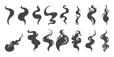 Set of fire, bonfire, steaming silhouettes. Comic fume flows collection. Hand drawn vector illustration.
