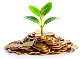 Handful of Coins with Growing Sprout on Pristine White