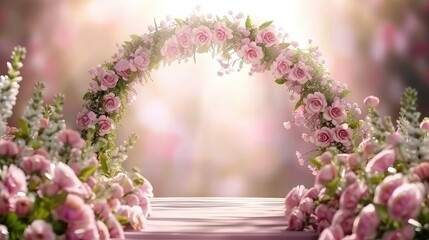 Romantic Pink Rose Archway Background Perfect for Wedding Invitations or Valentines Day Cards Beautiful Floral Arrangement with Soft Lighting