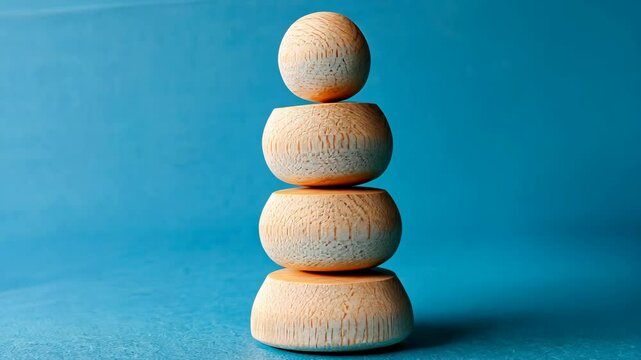 Wooden toys arranged in a balanced stack against a blue background at a playful home setting