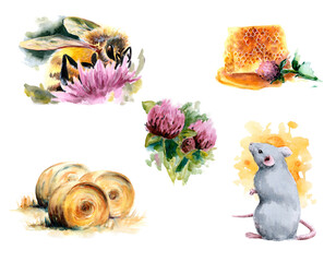 Farm, animals and objects, watercolor illustration