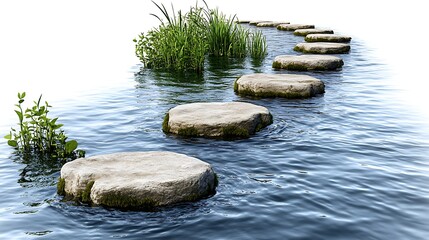 A line of stepping stones across a wide river, each stone a different hue, forming an arrow shape that leads to a treasure chest on the far bank. Cartoon outlines bring vibrancy against the 