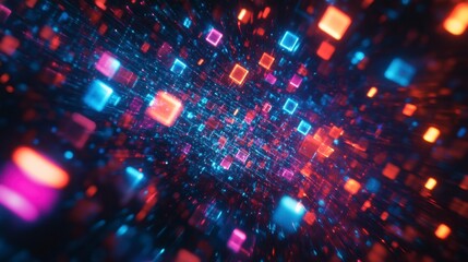 Digital Neon Tunnel: A vibrant and immersive journey through a neon-lit tunnel, composed of an array of glowing squares and futuristic data streams.