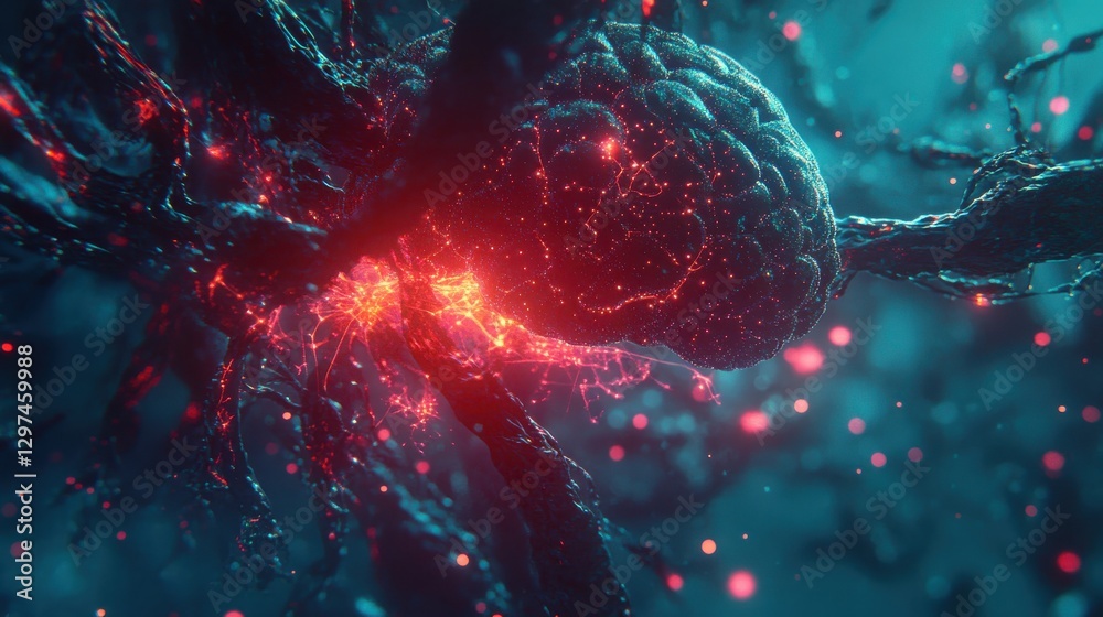 Aufkleber abstract close-up view of neural connections with glowing synapses and luminous particles highlighti