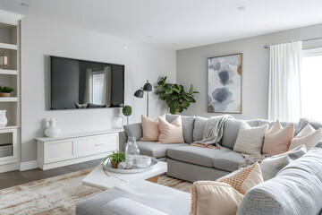 Fototapeta premium Tasteful Minimalism: Cozy Contemporary Living Room with Chic Grey & Blush Accents