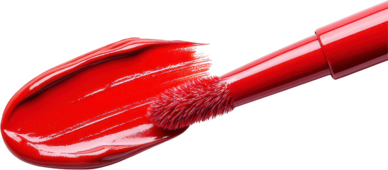 Experience the allure of captivating crimson with this vivid, close-up shot of a luscious red lip gloss applicator The applicator is saturated with the color, ready to impart a high-shine, bold
