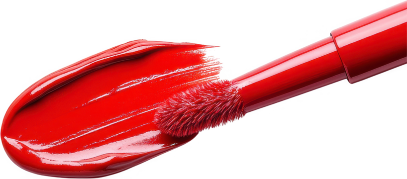 Experience the allure of captivating crimson with this vivid, close-up shot of a luscious red lip gloss applicator The applicator is saturated with the color, ready to impart a high-shine, bold