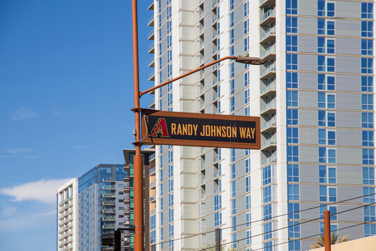 A Randy Johnson Way street sign at Chase Field, formerly Bank One Ballpark, is a retractable-roof stadium in downtown Phoenix Arizona USA