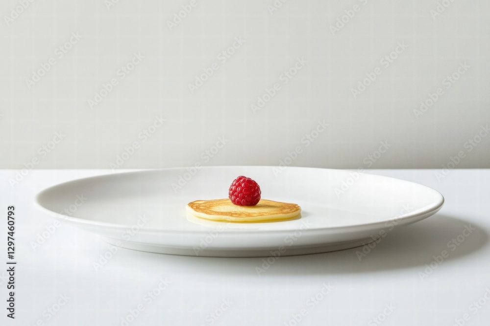 Poster Delicate pancake topped with fresh raspberry on a minimalist white plate in a bright setting. Generative AI