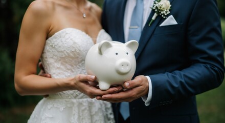 Couple dressed in elegant wedding attire holding a piggy bank, symbolizing shared savings and future financial planning in a joyous and romantic environment.

