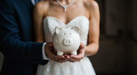 Couple dressed in elegant wedding attire holding a piggy bank, symbolizing shared savings and future financial planning in a joyous and romantic environment.

