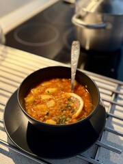 Lentil Soup, Hearty soup made with lentils, carrots, celery, and tomatoes.