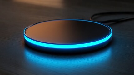 Wireless Charger: A modern, sleek wireless charger illuminated with a cool, blue light sits on a wooden surface, offering a sense of technological advancement and ease.