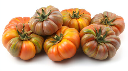 Close-up of rustic heirloom tomatoes with unique orange and green hues, highlighting their natural imperfections and organic appearance