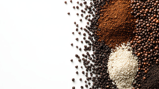 An artistic display of various grains and powders, including dark roasted coffee beans, fine cocoa powder, and white granules